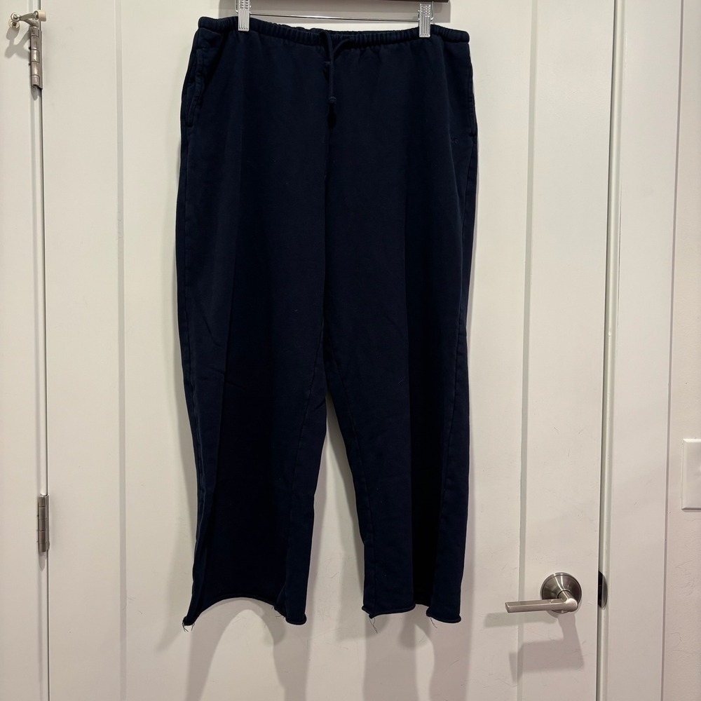 Garage‎ Navy Blue Wide Leg Cropped Sweatpants Raw Hem Drawstring Waist Womens